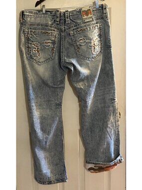 Rock Revival Mens Distressed Nilson Straight Leg Jeans 40 Light Wash cuff detail